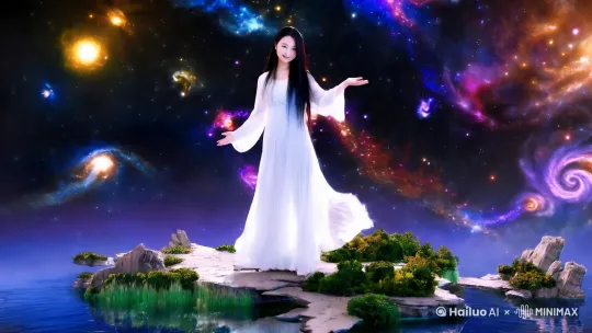 在梦幻般的超现实主义风格中,一位年轻女性(约25岁,东亚面孔)站在漂浮的岛屿上,身穿飘逸的白色长裙,裙摆随风轻扬。她的黑发如瀑布般垂落,眼神深邃而迷离,嘴角带着一丝神秘的微笑。她微微抬起右手,掌心向上,仿佛在召唤什么。岛屿由破碎的岩石和翠绿的植被组成,悬浮在深邃的星空中,周围环绕着闪烁的星云和螺旋状的银河。背景是深邃的宇宙,点缀着五彩斑斓的星云和遥远的星系。光影交错,柔和的蓝紫色调与金色星光交织,营造出梦幻而神秘的氛围。女性脚下有一片发光的湖泊,湖水倒映着星空,仿佛连接着另一个世界。画面采用广角镜头,突出漂浮岛屿与浩瀚宇宙的对比,视角略微俯视,增强视觉冲击力。整体风格融合了超现实主义和梦幻美学,带有一种深邃的宁静与神秘感。色彩以冷色调为主,点缀暖色星光,材质细腻,光影柔和,纹理丰富,细节精致,展现出梦幻般的艺术效果。 by Hailuo AI Video Generator