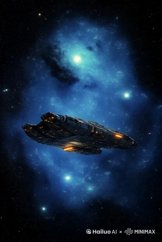 【中景，宇宙飞船静静悬浮于浩瀚无垠的漆黑宇宙中，周围繁星闪烁，如镶嵌在黑色绸缎上的宝石。运镜由远及近，清晰展现飞船流畅而充满科技感的金属机身，表面的复杂纹理与指示灯散发着幽微光芒。随后画面聚焦飞船尾部】飞船启动引擎，发动机喷射出如深海般深邃的蓝色尾焰 ，尾焰从微弱逐渐变得强烈，光芒不断闪烁且范围持续扩大，如同蓝色的火焰之花在太空中缓缓绽放。随着能量的持续攀升，尾焰愈发耀眼夺目，蓝光照亮了周围的黑暗。最终，飞船以极快的速度冲进散发着神秘紫色光芒、如漩涡般扭曲的虫洞 ，虫洞边缘能量激荡，产生绚丽的光线流。【特写放大飞船进入虫洞瞬间掀起的能量涟漪，光线交织扭曲】 by Hailuo AI Video Generator