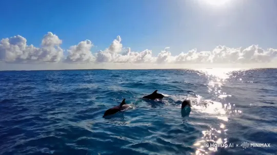 在平静的海面上，海豚在歌唱与跳舞，蓝天和白云下，海洋世界成为巨大歌剧院，而阳光照射在海面上发出碎银子闪烁的光芒，祥和与透明的玻璃式幻影，展现了大海的力量和美丽。 by Hailuo AI Video Generator