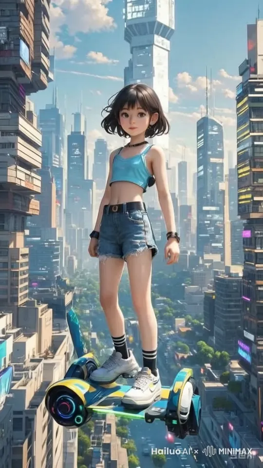 女孩踩着滑板慢慢向镜头移动，女孩尽力保持平衡，好的头发随风轻轻摆动，很潇洒很酷，马路上的汽车川流不息，空中偶尔有小型飞行器快速飞过，高精度，镜头跟随女孩的方向移动 by Hailuo AI Video Generator