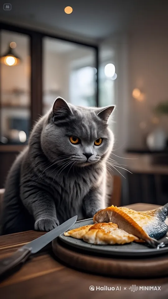 猫咪吃鱼 by Hailuo AI Video Generator