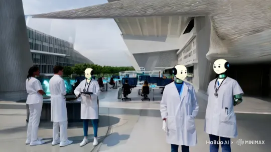 生成未来医学院校与AI结合的新兴教学环境,每个学生都拥有着各种AI学习工具,教师也变成了AI智能机械人,拥有着超越人类的智慧和教学能力,镜头从校门进入医学院校,进入学校的教室和实验教学场地。规模宏大壮观。 by Hailuo AI Video Generator