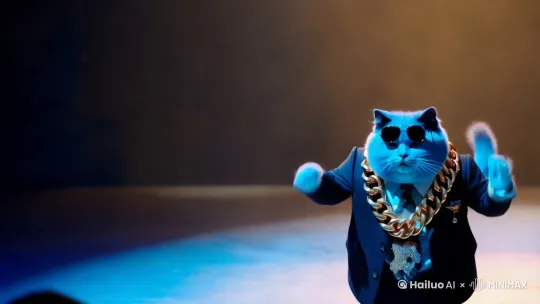 一只蓝色胖胖的猫穿西装在舞台上唱歌带着墨镜脖子上有个大金链 by Hailuo AI Video Generator