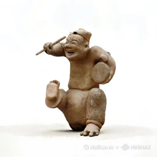 开始时，陶俑静止不动，仿佛在沉睡中，接着，陶俑开始缓缓舒展身体，手臂和腿部的肌肉线条逐渐显现出细微的动作。陶俑的头部轻轻转动，眼睛似乎在观察周围的环境，陶俑的身体开始慢慢晃动，仿佛在寻找节奏，准备开始表演。随着晃动的加剧，陶俑的双手开始模拟击鼓的动作，最后，陶俑定格在一个击鼓的姿势 by Hailuo AI Video Generator