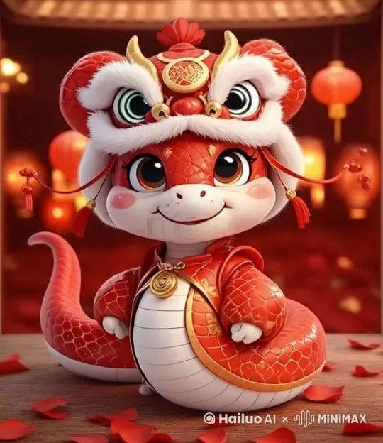 图中蛇宝宝双手抱拳，点头拜年，画面落下金钱雨 by Hailuo AI Video Generator