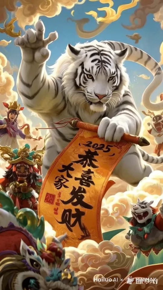 白虎瞬间变巨蟒白蛇，腾云驾雾，挥手向大家拜年，一只手拿着丝织的锦旗上面写着2025恭喜大家发财，画面清晰必真，电影质感，丝滑。 by Hailuo AI Video Generator