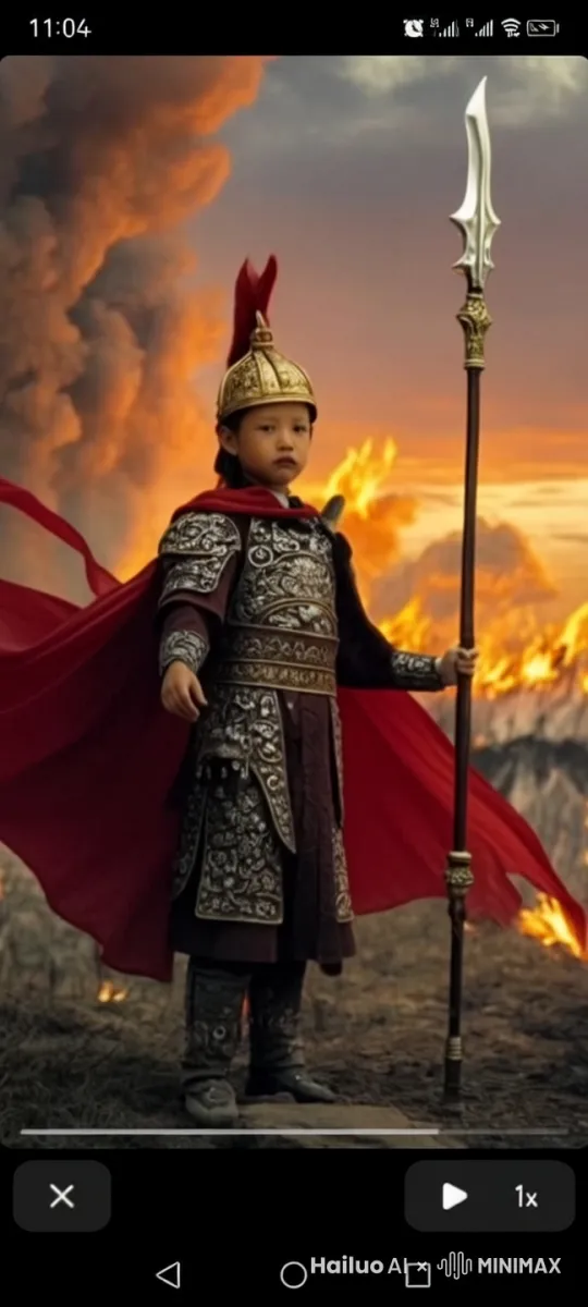 景别：全景
“在这惊心动魄的保卫战中，小将军在战场上，硝烟弥漫，火光冲天，废墟中还冒着滚滚黑烟。 by Hailuo AI Video Generator
