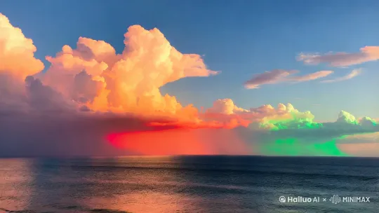在一个广阔的海边天上的云出现了七彩的颜色，在天上变化的各种形状 by Hailuo AI Video Generator