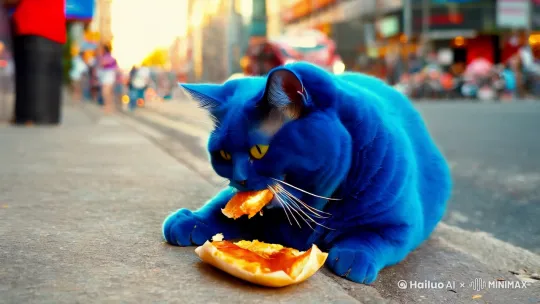 一只蓝色的大胖猫蹲在马路上一边打滚一边吃肯德基 by Hailuo AI Video Generator