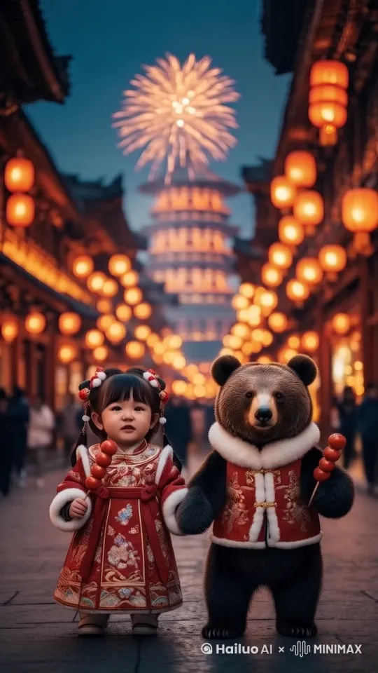 灯火通明、烟花璀璨夺目。游客众多、络绎不绝，热闹商业广场上，手拿冰糖葫芦的汉服小熊与汉服小女孩一起手牵手开心的散步，样子憨态可掬十分可爱。动作自然流畅。电影特效 by Hailuo AI Video Generator