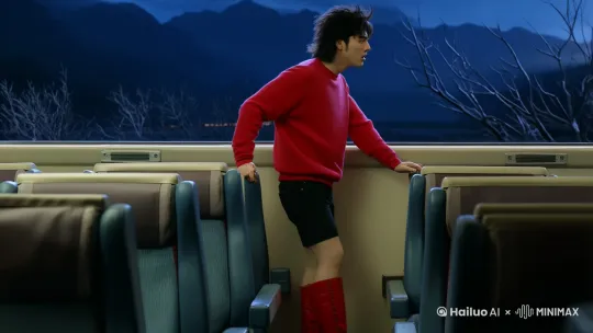 男人惊悚的表情，站在火车座椅之间的走道上， 穿着红色毛衣，黑色短裤露着膝盖，红色靴子，侧面俯拍镜头，车厢窗户外黑天，黑乎乎的山和枯树枝，座椅微微晃动，整个车厢没有其他人， by Hailuo AI Video Generator