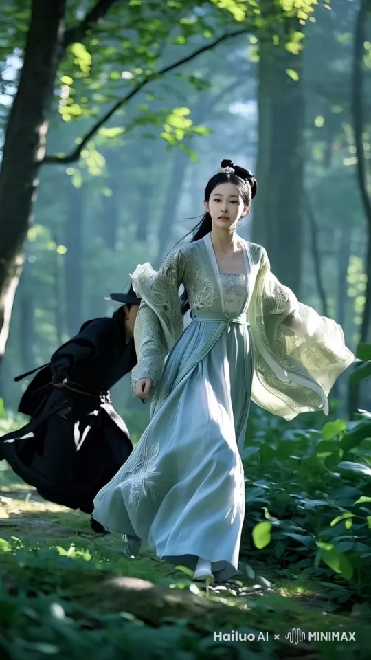 美女，古装长裙，正在被追赶，黑衣人，幽静森林，电影感，4k，梦境  by Hailuo AI Video Generator