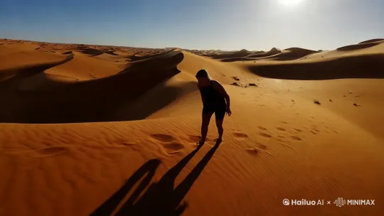 一个人行走在荒漠，顶着烈日寻找水源。 by Hailuo AI Video Generator