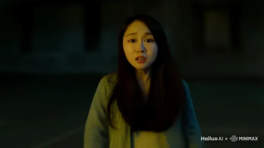 拉镜头拍摄，女人朝镜头奔跑。身后的人影快速追赶上来，并变得巨大。人影凑近后，可见那是一个有着山羊面孔的人形生物，面部被偏黄色的光照亮，画面色调变得诡异，充满恐怖的氛围。 by Hailuo AI Video Generator