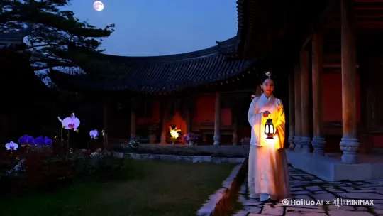 夜幕降临,庭院中静谧而祥和。月光洒在青石板路上,映出淡淡的银光。远处,一座古色古香的庭院静静伫立,飞檐翘角,雕梁画栋,尽显古朴典雅。
一位身着淡雅古装的女子,手持一盏精致的灯笼,缓步从庭院深处走来。灯笼散发着柔和的暖光,映照在她如玉的面庞上,更显得她眉目如画,气质如兰。她步履轻盈,仿佛怕惊扰了这夜的宁静。
庭院中,花草树木在微风中轻轻摇曳,空气中弥漫着淡淡的花香。女子走过之处,灯笼的光影在地面上投下斑驳的影子,随着她的步伐轻轻晃动,仿佛在为她伴舞。 by Hailuo AI Video Generator