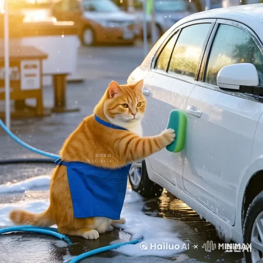 猫咪在洗车 by Hailuo AI Video Generator