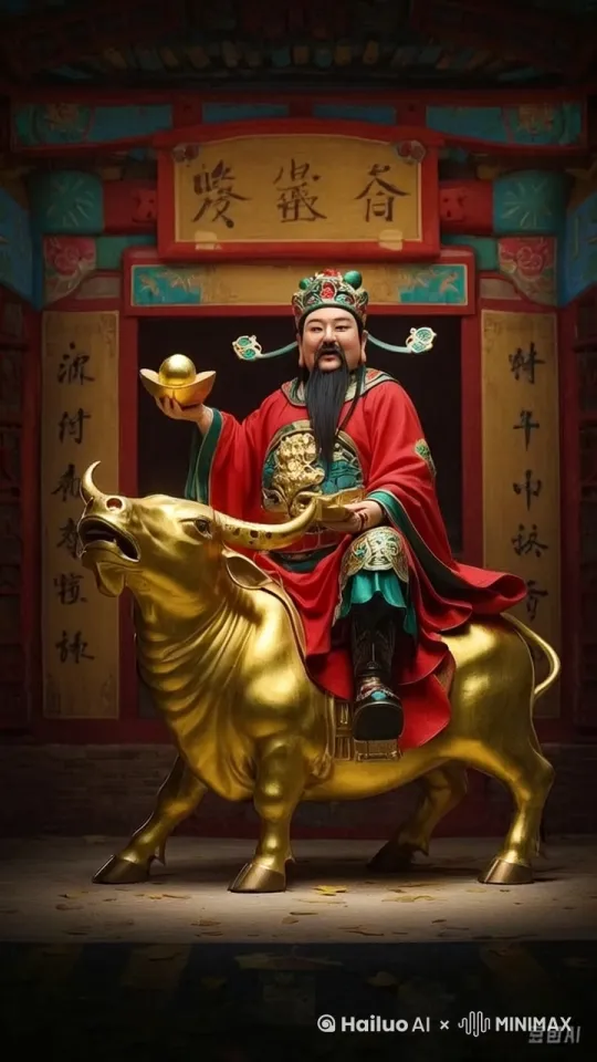 [场景：一个古色古香的庭院，背景音乐轻柔]

[财神爷从云端降临，手持金元宝，面带微笑]

财神爷：新年行大运，财源滚滚来！

[财神爷将元宝送给观众，元宝在空中飞舞]

[背景音乐渐强，财神爷挥手告别]

[视频结束，出现祝福语字幕：祝您新年快乐，财源广进！] by Hailuo AI Video Generator