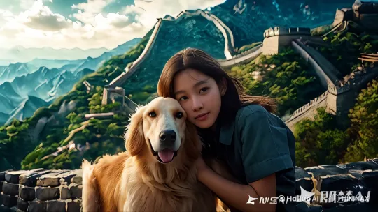女生走动一下，狗狗也跟在后面走动 by Hailuo AI Video Generator