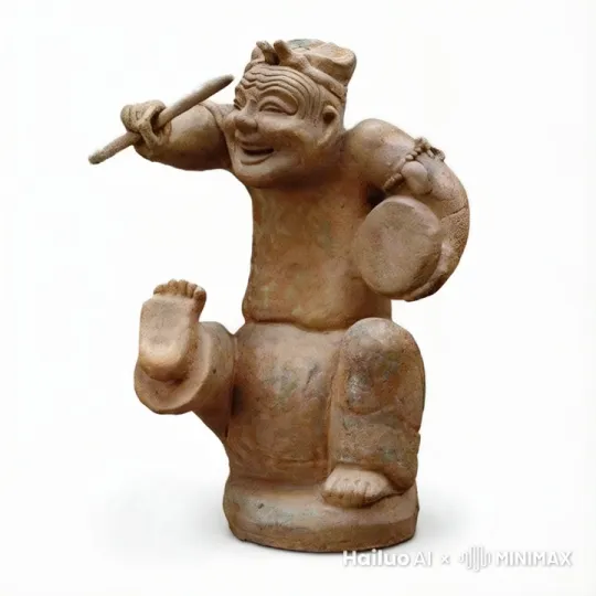 陶俑的右手缓缓抬起，鼓锤在空中划出一道弧线，准备击打鼓面，动作流畅而有力 by Hailuo AI Video Generator