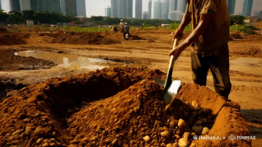 在城市的另一边，有一位农民大叔正在建筑工地上忙碌着。烈日高悬，阳光毫无遮拦地洒在大地上，整个工地就像一个巨大的蒸笼。农民大叔弯着腰，双手紧紧握住沉重的铁锹，一下又一下地铲起那滚烫的沙石。他的脸上刻满了岁月的沧桑，一道道皱纹仿佛是生活犁过的痕迹。黝黑的皮肤在阳光下泛着油光，那是汗水不断渗出又被晒干留下的印记。
他身上的衣服早已破旧不堪，衣角处还挂着几处线头，随着他的动作微微晃动。领口处的扣子掉了好几颗，露出了他那瘦骨嶙峋的胸膛。每一次用力，他的肌肉都会紧绷起来，青筋在手臂上清晰可见。汗水顺着他的额头、脸颊不停地流淌，汇聚到下巴处，然后滴落在滚烫的地面上，瞬间就被蒸发得无影无踪。
尽管工作如此辛苦，他的眼神中却透露出一种坚定和执着。他知道，自己在这片工地上挥洒的每一滴汗水，都是为了能让远方的家人过上更好的生活。他想起家中年迈的父母，身体早已不如从前，需要他的照顾；他想起自己的孩子，正在学校里努力学习，渴望着能有一个美好的未来。为了他们，再苦再累他都能咬牙坚持。
休息的时候，他坐在工地的一角，从破旧的背包里拿出一个干硬的馒头，就着一瓶已经有些温热的白开水，慢慢地咀嚼着。他望着不远处那一座座正在崛起的高楼大厦，心中充满了憧憬。他想着，等这些楼房建好，自己也能拿到应得的报酬，或许就能给家里添一些新的家具，给孩子买一些学习用品。
生活的重担压在他的肩头，但他从未有过抱怨。他就像一颗顽强的野草，在这片陌生的城市土地上，努力地扎根生长，用自己勤劳的双手，为家人撑起一片希望的天空。
 by Hailuo AI Video Generator
