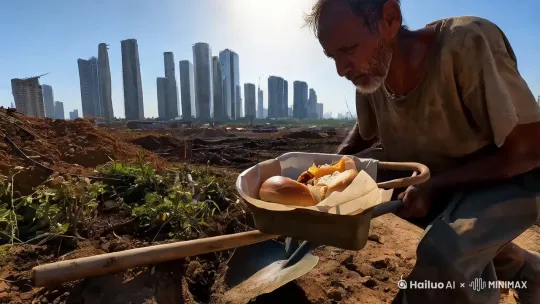 在城市的另一边，有一位农民大叔正在建筑工地上忙碌着。烈日高悬，阳光毫无遮拦地洒在大地上，整个工地就像一个巨大的蒸笼。农民大叔弯着腰，双手紧紧握住沉重的铁锹，一下又一下地铲起那滚烫的沙石。他的脸上刻满了岁月的沧桑，一道道皱纹仿佛是生活犁过的痕迹。黝黑的皮肤在阳光下泛着油光，那是汗水不断渗出又被晒干留下的印记。
他身上的衣服早已破旧不堪，衣角处还挂着几处线头，随着他的动作微微晃动。领口处的扣子掉了好几颗，露出了他那瘦骨嶙峋的胸膛。每一次用力，他的肌肉都会紧绷起来，青筋在手臂上清晰可见。汗水顺着他的额头、脸颊不停地流淌，汇聚到下巴处，然后滴落在滚烫的地面上，瞬间就被蒸发得无影无踪。
尽管工作如此辛苦，他的眼神中却透露出一种坚定和执着。他知道，自己在这片工地上挥洒的每一滴汗水，都是为了能让远方的家人过上更好的生活。他想起家中年迈的父母，身体早已不如从前，需要他的照顾；他想起自己的孩子，正在学校里努力学习，渴望着能有一个美好的未来。为了他们，再苦再累他都能咬牙坚持。
休息的时候，他坐在工地的一角，从破旧的背包里拿出一个干硬的馒头，就着一瓶已经有些温热的白开水，慢慢地咀嚼着。他望着不远处那一座座正在崛起的高楼大厦，心中充满了憧憬。他想着，等这些楼房建好，自己也能拿到应得的报酬，或许就能给家里添一些新的家具，给孩子买一些学习用品。
生活的重担压在他的肩头，但他从未有过抱怨。他就像一颗顽强的野草，在这片陌生的城市土地上，努力地扎根生长，用自己勤劳的双手，为家人撑起一片希望的天空。
 by Hailuo AI Video Generator