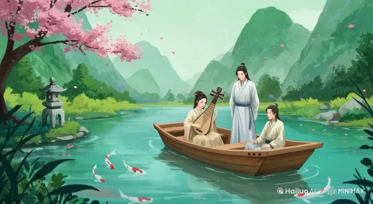 一个女孩和两个男孩在船上，女孩在弹琵琶，两个男孩在欣赏，镜头缓缓推进女孩，画面色调自然 by Hailuo AI Video Generator