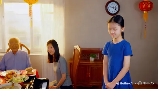 这个场景充满了温馨与和谐，仿佛时间都在这一刻静止，只为留住这份美好的团聚时刻。

当墙上的钟指向除夕夜晚20点，女孩彬彬有礼地向大家行礼，展现出她良好的教养和对他人的尊重。随后，她优雅地坐在钢琴前，手指轻轻触碰琴键，开始演奏。旋律从舒缓开始，仿佛在诉说着过去一年的温馨与宁静；接着，旋律变得欢快起来，象征着新年的到来和对未来的美好期盼。

家人们围坐在餐桌旁，脸上洋溢着幸福的笑容，随着音乐的节奏欢快地鼓掌。爷爷、奶奶、爸爸、妈妈和弟弟都被这美妙的音乐所感染，整个房间充满了欢声笑语和浓浓的亲情。餐桌上的饺子、鸡鸭鱼肉和八宝饭散发着诱人的香气，与音乐声交织在一起，构成了一幅完美的除夕夜画卷。

柔和的灯光洒在每个人的脸上，照亮了他们的笑容，也照亮了整个房间。墙上的福字和挂着的灯笼增添了节日的氛围，让人感受到浓浓的年味和家庭的温暖。

在这个特别的夜晚，女孩的钢琴演奏不仅展示了她对音乐的热爱和才华，也表达了她对家人的祝福和感恩。家人们的掌声和笑容是对她最好的回应和鼓励。
 by Hailuo AI Video Generator
