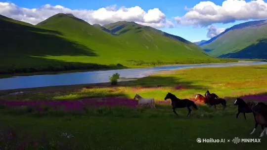 青山绿水蓝天白云草地鲜花摇曳骏马在奔腾 by Hailuo AI Video Generator