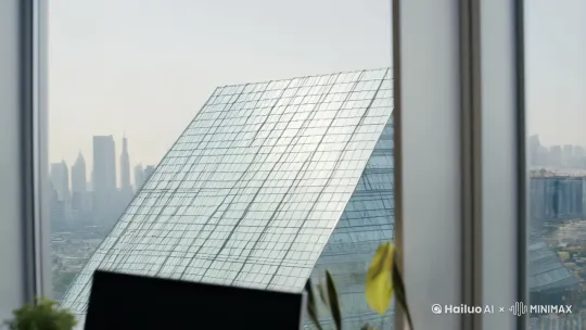 镜头透过一扇透明玻璃拍摄一座现代的玻璃外观高楼，楼体在阳光下闪烁着反射光。镜头之后贴近一扇窗户，窗户玻璃上的反射展现出外面繁华的城市景象。镜头缓缓后拉，通过玻璃，最终聚焦到窗内一位身穿西装的蓝色短发的女性。她坐在一个装饰简约的办公室里，专注地盯着电脑屏幕。她的面容在柔和的光线下显得沉思而内敛，与窗外的喧嚣形成了鲜明的对比。办公室内的装饰简洁而现代，突显了她的专注和内敛。 by Hailuo AI Video Generator