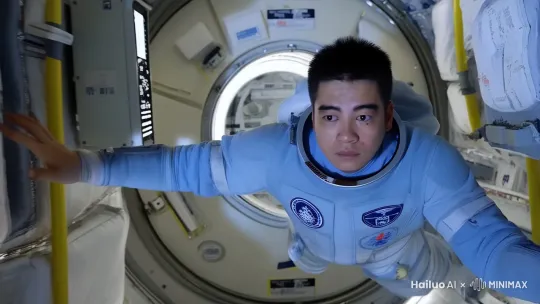 人物在中国太空空间站里,失重状态下穿梭到下一个仓门 by Hailuo AI Video Generator