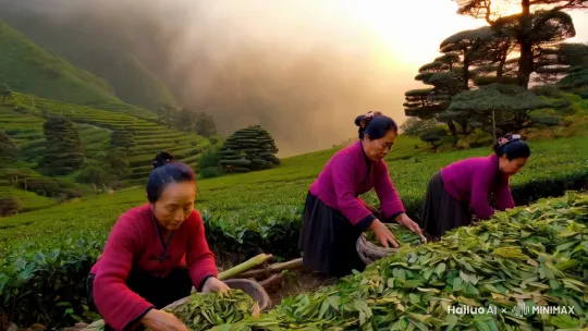 哈尼族美女在大山里采摘普洱古树茶 by Hailuo AI Video Generator