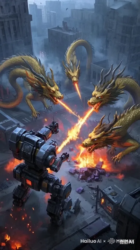 群龙向机甲喷射火焰，机甲痛苦倒地 by Hailuo AI Video Generator