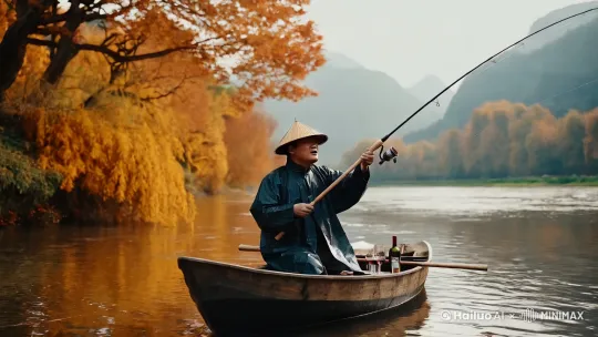 一蓑一笠一扁舟，一丈丝纶一寸钩。一曲高歌一樽酒，一人独钓一江秋。 by Hailuo AI Video Generator