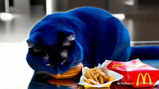 一个蓝颜色的胖猫正在吃麦当劳 by Hailuo AI Video Generator