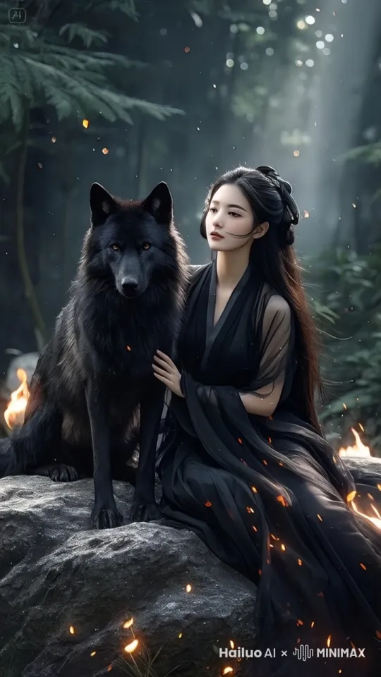 高清，动作流畅，美女和黑狼打架，高速摄影，
狼吱牙咧嘴表现凶残模样，她们先对打几下，然后美女一脚把狼踹倒，或踹飞出去 by Hailuo AI Video Generator