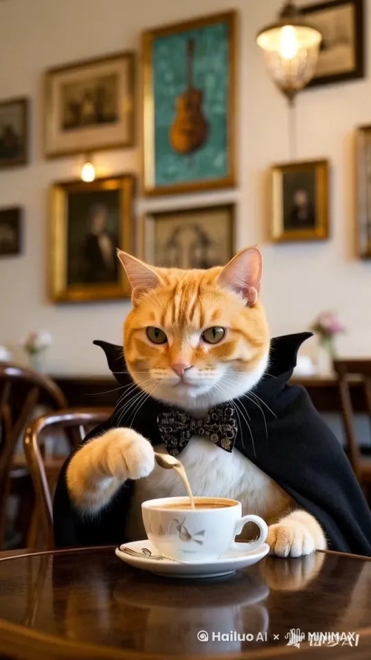 固定镜头，一只优雅的橘猫正在品尝咖啡，它在咖啡里加了一块方糖 然后享受的喝了起来 by Hailuo AI Video Generator