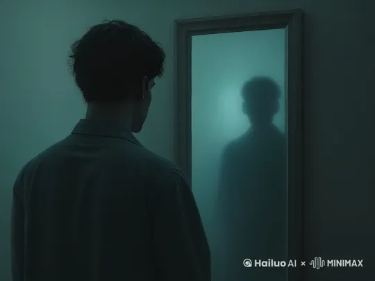 特写镜头推近，昏暗冷光打在男子后背，神秘氛围。男子神情凝重，眼神惊恐。镜子中身影渐清，走出镜子，男子转身，面露惧色。四周幽绿光影摇曳，阴森恐怖。男子慌乱后退，身影逼近，画面定格。4K 超清，暗调写实，悬疑惊悚。
负面提示词：[画面模糊不清、光影效果不自然、人物动作生硬、表情不真实、场景转换突兀、色调不协调、出现噪点、特效过度夸张、与原图风格不符、恐怖氛围渲染不到位、缺乏连贯性] by Hailuo AI Video Generator
