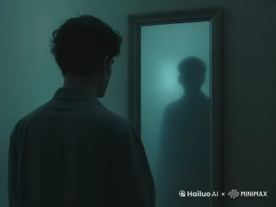 阴森黑暗的废弃古宅中，近景特写推进，幽冷硬光如刀般直刺男人后背，神秘氛围骤起。男人一脸惊恐，眼神满是恐惧。镜子中模糊身影瞬间清晰，缓缓踏出，男人惊恐转身。诡谲绿光大盛，恐怖感爆棚。男人慌乱后退，身影步步紧逼，此时画面如诺兰风格运用时间扭曲特效，将此惊悚瞬间拉长，营造极致紧张感，4K 超清画质，阴郁悬疑，恐怖感拉满。 by Hailuo AI Video Generator
