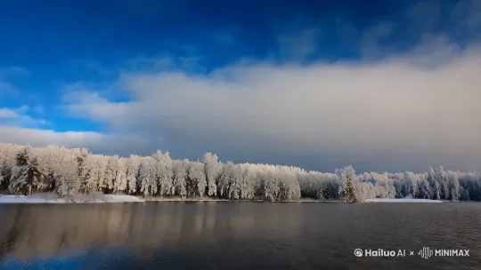 湖面，森林，白雪，湛蓝的天空。64k超高清真实摄影  by Hailuo AI Video Generator