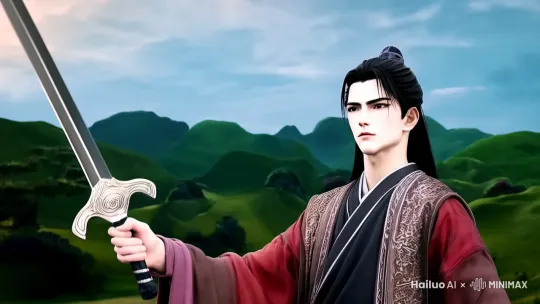 手里拿着一把剑向天上劈出一剑，剑发出一道剑气月牙形状的能量。 by Hailuo AI Video Generator