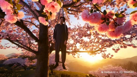 一个精神病患者在一棵桃花树下上吊自杀了，他死在了黄昏的照耀下 by Hailuo AI Video Generator