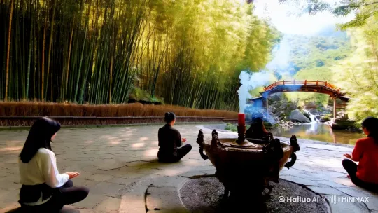 山中竹林寺院广场数个人在祈祷，香炉烟雾缭绕，阳光明媚，小桥流水， by Hailuo AI Video Generator