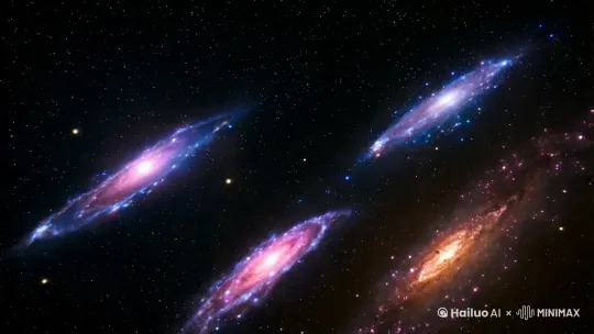 三个遥远的星系像是夜空中三个不同方向的星星，流动，交融，神秘而富有史诗感的氛围，像是整个宇宙活了起来 by Hailuo AI Video Generator