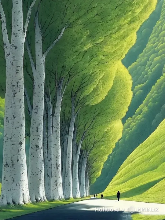 风景图中的树林在风里摆动，下面的人在缓缓走动 by Hailuo AI Video Generator