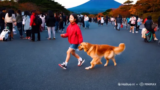 主体：18岁左右的中国女生手牵着一只金毛犬在散步。周边是人来人往的游客。远处是日本富士山。这个女生穿着秋装，很有活力。穿着运动鞋。 by Hailuo AI Video Generator