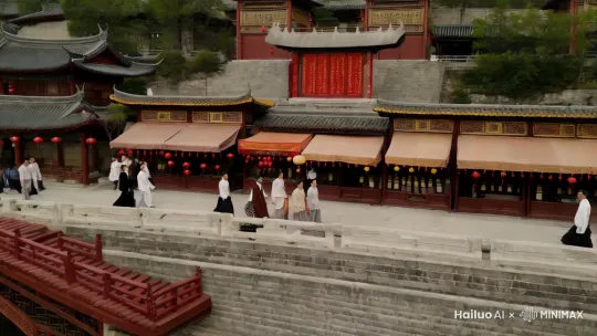 视频展示了《清明上河图》古画的生动再现，画面中繁华的宋代都市生活跃然眼前。行人、舟楫、店铺、桥梁等元素动态展现，仿佛穿越时空，让人身临其境感受千年前的市井百态。细腻的画面滚动，配以古典音乐，营造出浓厚的历史氛围。 by Hailuo AI Video Generator