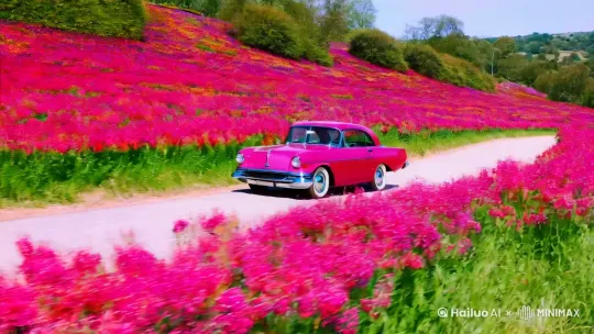 一辆小汽车，行驶在浪漫的花海中 by Hailuo AI Video Generator