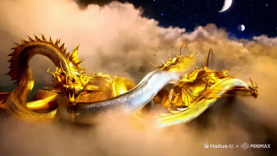 俯拍运镜欢云破雾金龙银蛇，云中狂舞，翻江倒海，星辰闪月 by Hailuo AI Video Generator