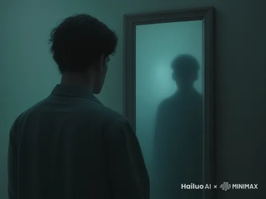 阴森黑暗的废弃古宅中，近景特写推进，幽冷硬光如刀般直刺男人后背，神秘氛围骤起。男人一脸惊恐，眼神满是恐惧看着镜子。镜子中模糊身影瞬间清晰，缓缓踏出镜框，男人惊恐转身。诡谲绿光大盛，恐怖感爆棚。男人慌乱后退，身影步步紧逼，此时画面如诺兰风格运用时间扭曲特效，将此惊悚瞬间拉长，营造极致紧张感，4K 超清画质，阴郁悬疑，恐怖感拉满。 by Hailuo AI Video Generator