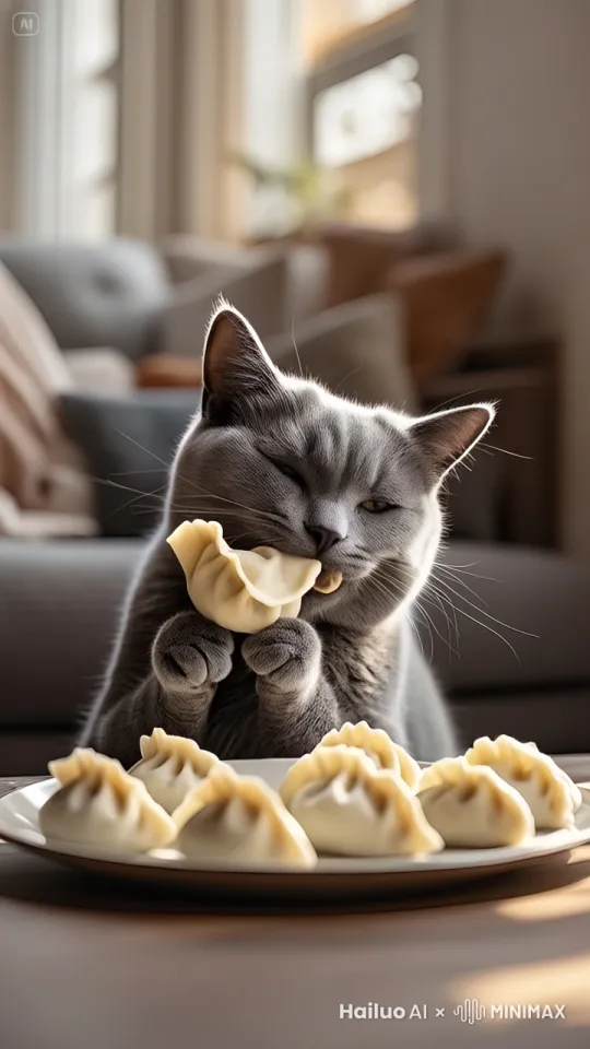 猫咪吃饺子 by Hailuo AI Video Generator